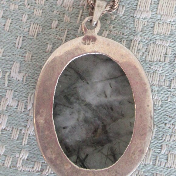 Sterling Silver Chain & Sterling and Gray Natural Stone Large Pendant Necklace - Picture 13 of 15